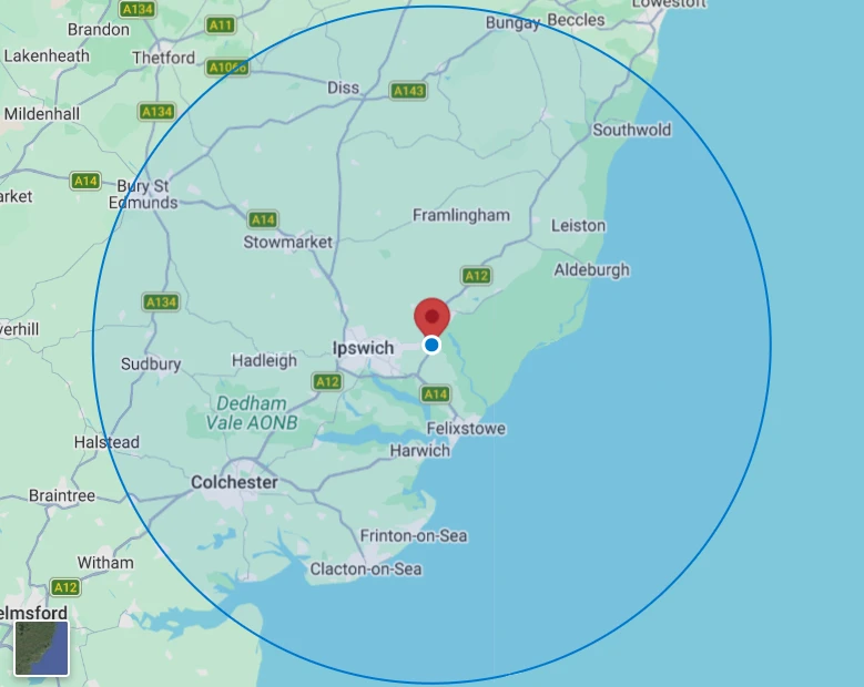 Map showing SEAL Plumbing and Heating service areas across Suffolk and North Essex from Martlesham